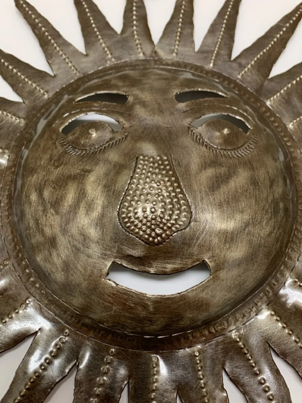 Handcrafted Haitian Bronze Colored Metal Sun Face Wall Sculpture